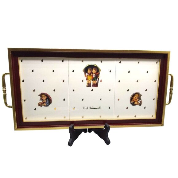 M.J. Hummel Wooden Serving Tray With Porcelain Inlay & Handles 19" x 8.5" x 1.5" - Picture 1 of 3